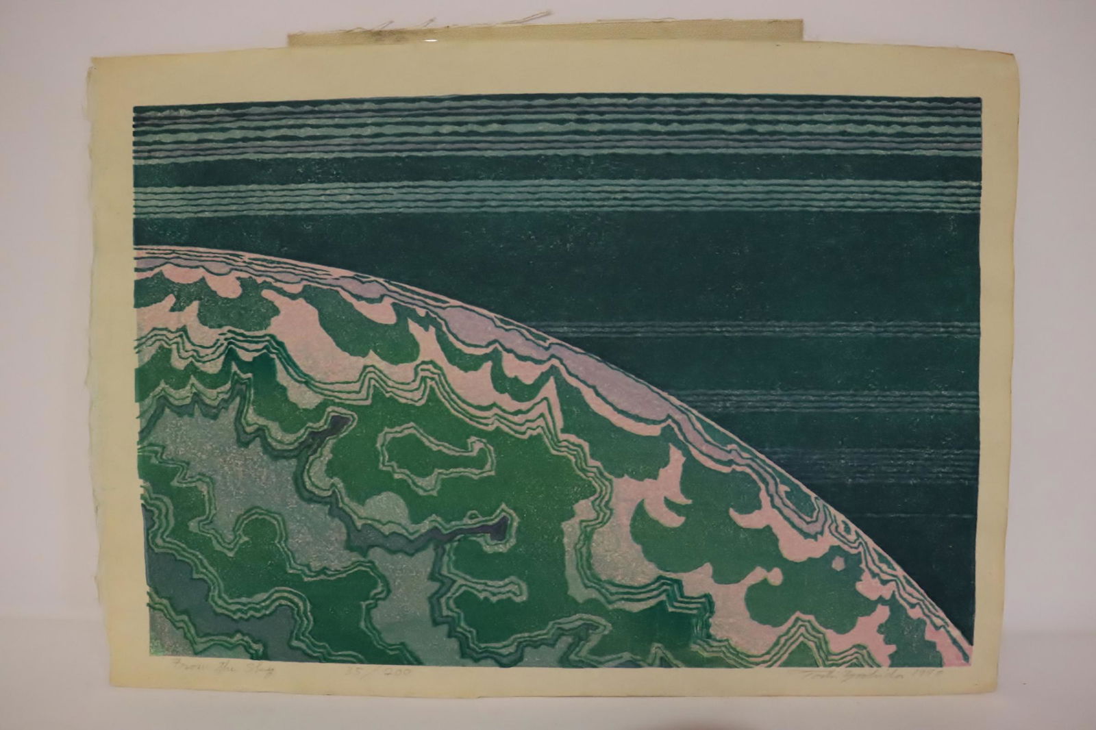 Japanese woodblock print by Toshi Yoshida: Japanese woodblock print by Toshi Yoshida "from the sky", ed. 35/200, 9.6"x14.45"