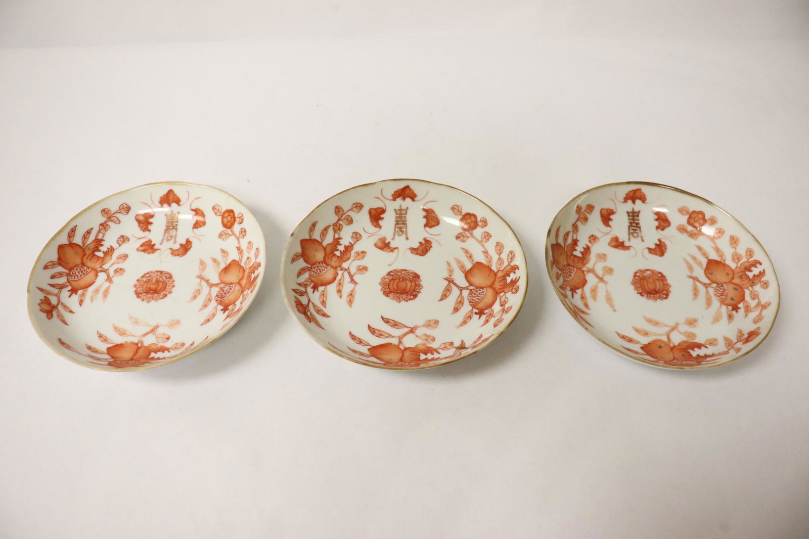 3 Chinese antique red & white porcelain small dishes: 3 Chinese antique red and white porcelain small dishes, 1.1"Hx5.25"dia each