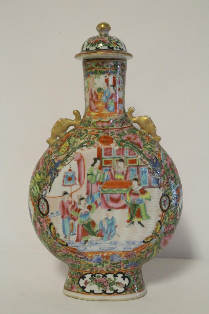 A rare rose canton flask with cover: A rare rose canton flask with cover (hairline), 13.45"Hx7.5"x2.2"