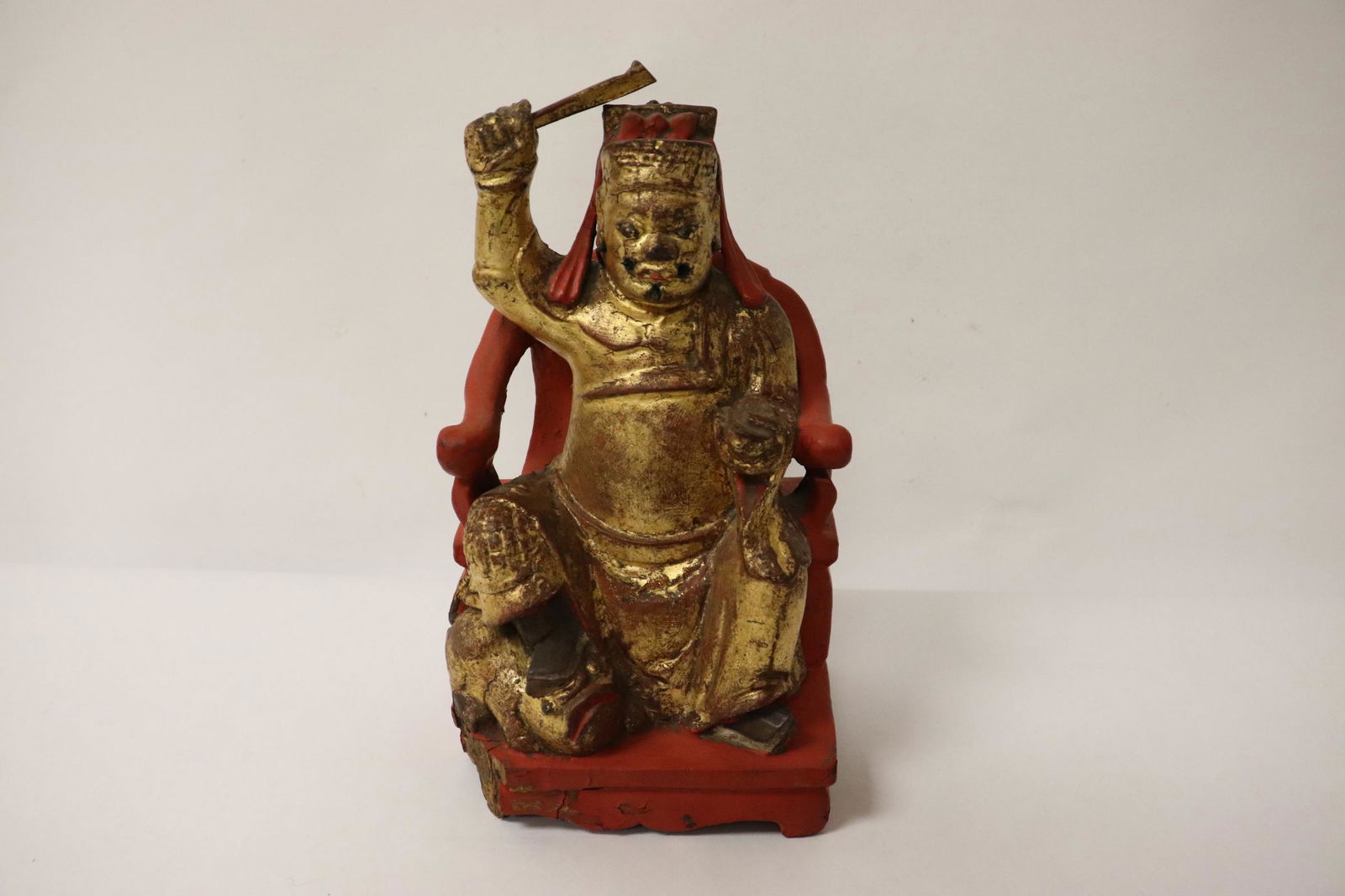 Chinese antique gilt wood carved deity: Chinese antique gilt wood carved deity (base corner chip, 8.9"H)