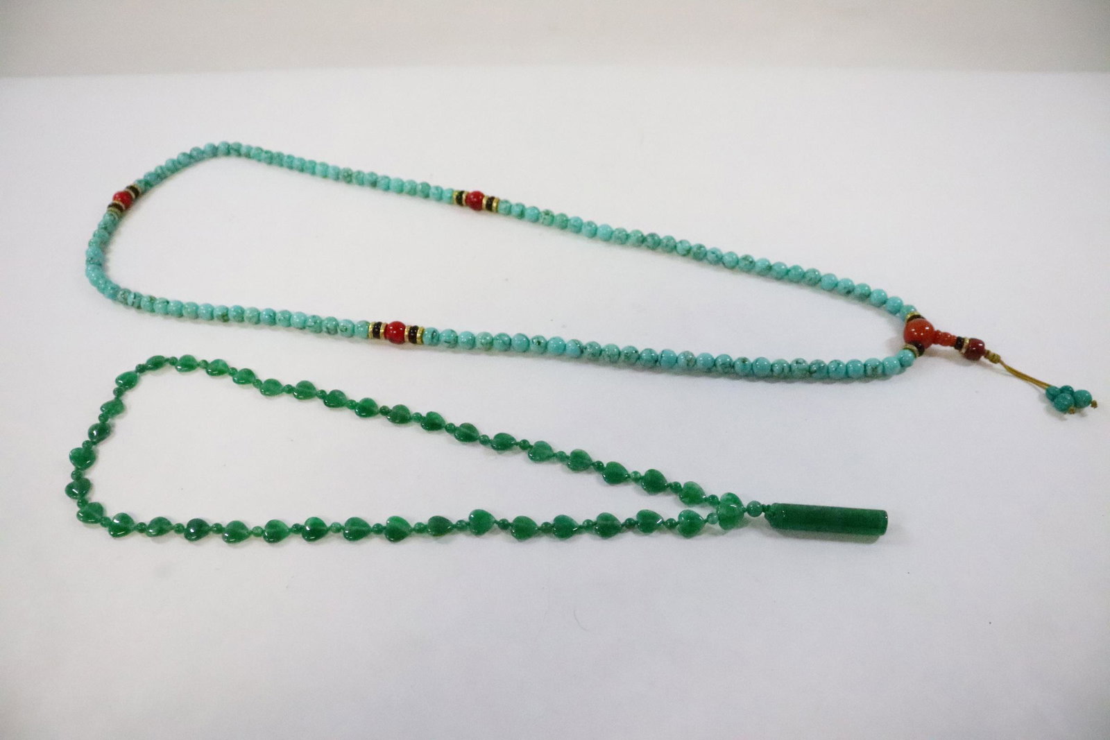 2 bead necklaces: A turquoise like bead (0.35"dia) necklace and a jadeite like bead necklace