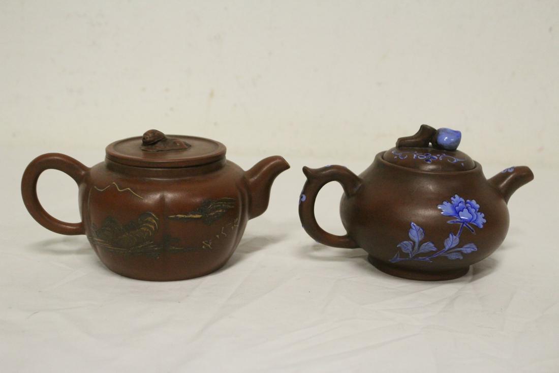 2 Yixing teapot: 2 Yixing teapot, 4"Hx6.7"x4.75", 3.75"Hx7.8"x4.75"