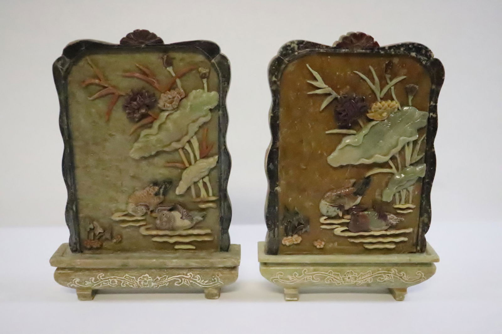 Pair Chinese vintage shoushan stone plaques w/ overlay (1 of 10)