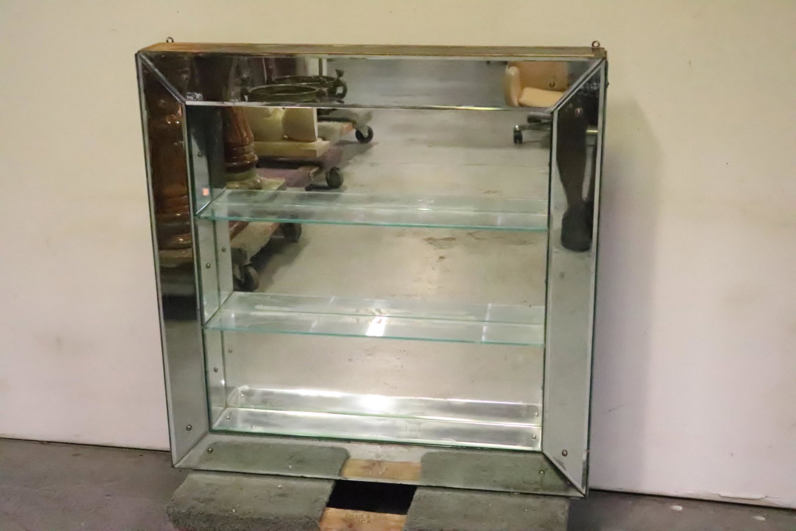 An all glass wall hanging curio shelf: An all glass wall hanging curio shelf, 36.3"Hx36"x5.25"