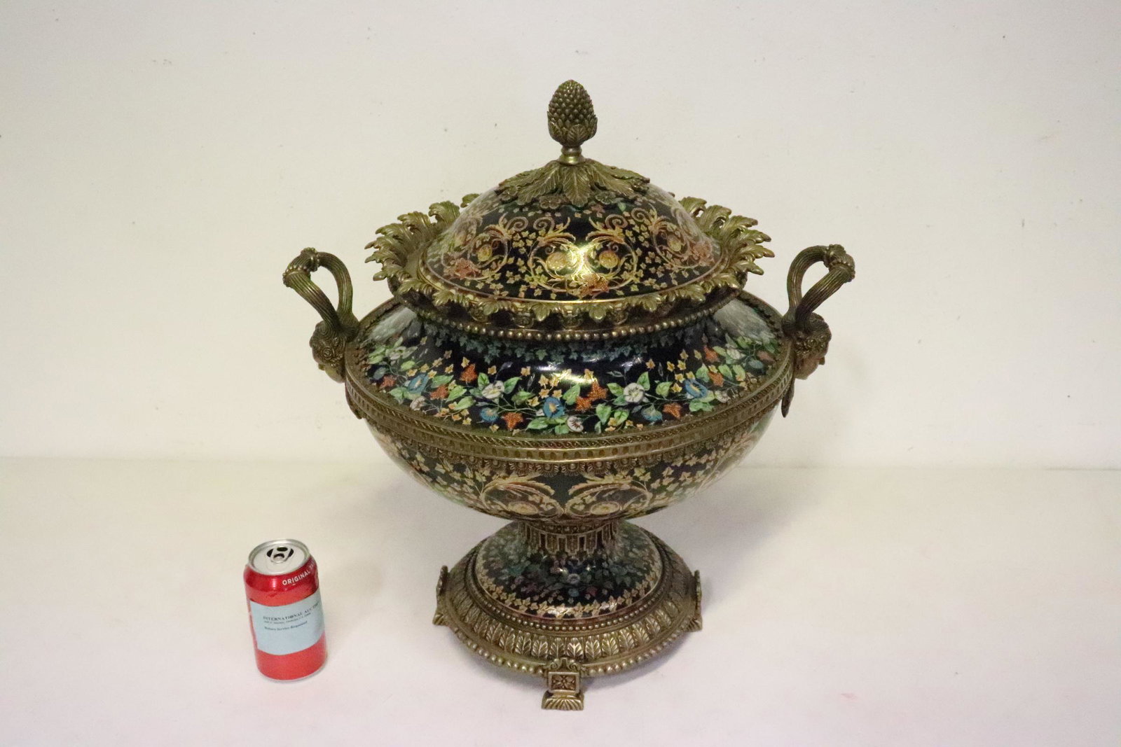 Chinese porcelain centerpiece with bronze ormolu: A magnificent Chinese porcelain centerpiece with bronze ormolu, the handles in figure motif, 20.5"Hx18.75"x14.5"