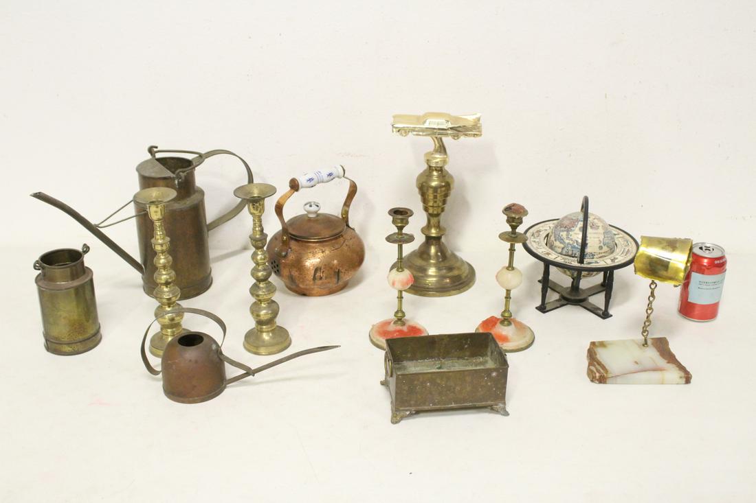 Lot of brass/ copper items, & a painted metal globe (1 of 9)