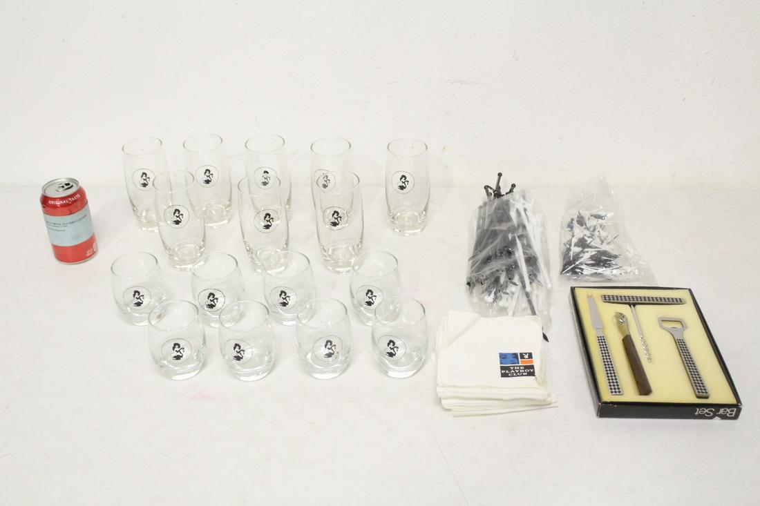 Lot of misc. playboy items: Lot of playboy glasses, stirrers, napkins and a playboy wine set
