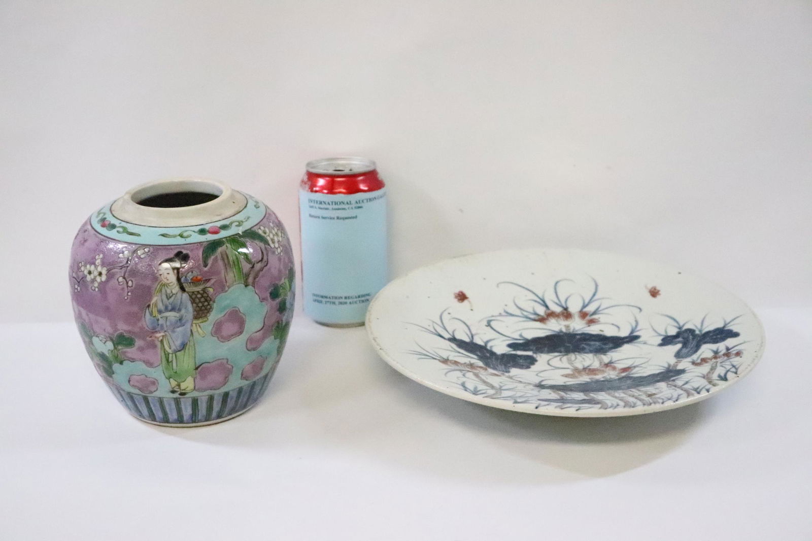 Chinese antique famille rose jar, and a plate: Chinese antique famille rose jar (missing top, 5.9"Hx5.5"dia), and a Chinese famille rose plate (1.95"Hx10.63"dia)