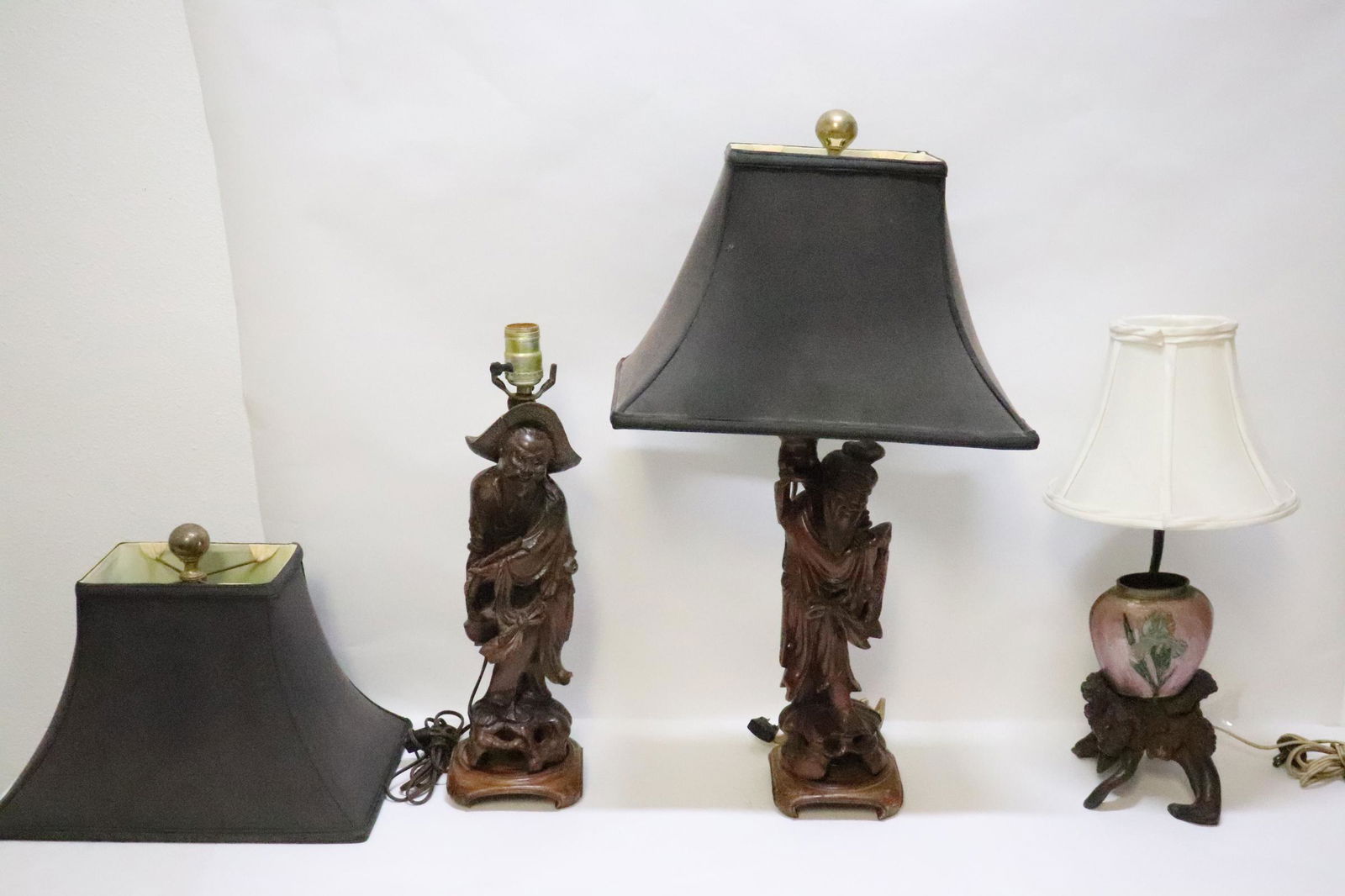 2 Chinese Antique wood figure & an enamel jar lamps: 2 Chinese Antique wood figure (14.2"H, 13.5"H) and an enamel jar (4.6"H) made as lamps
