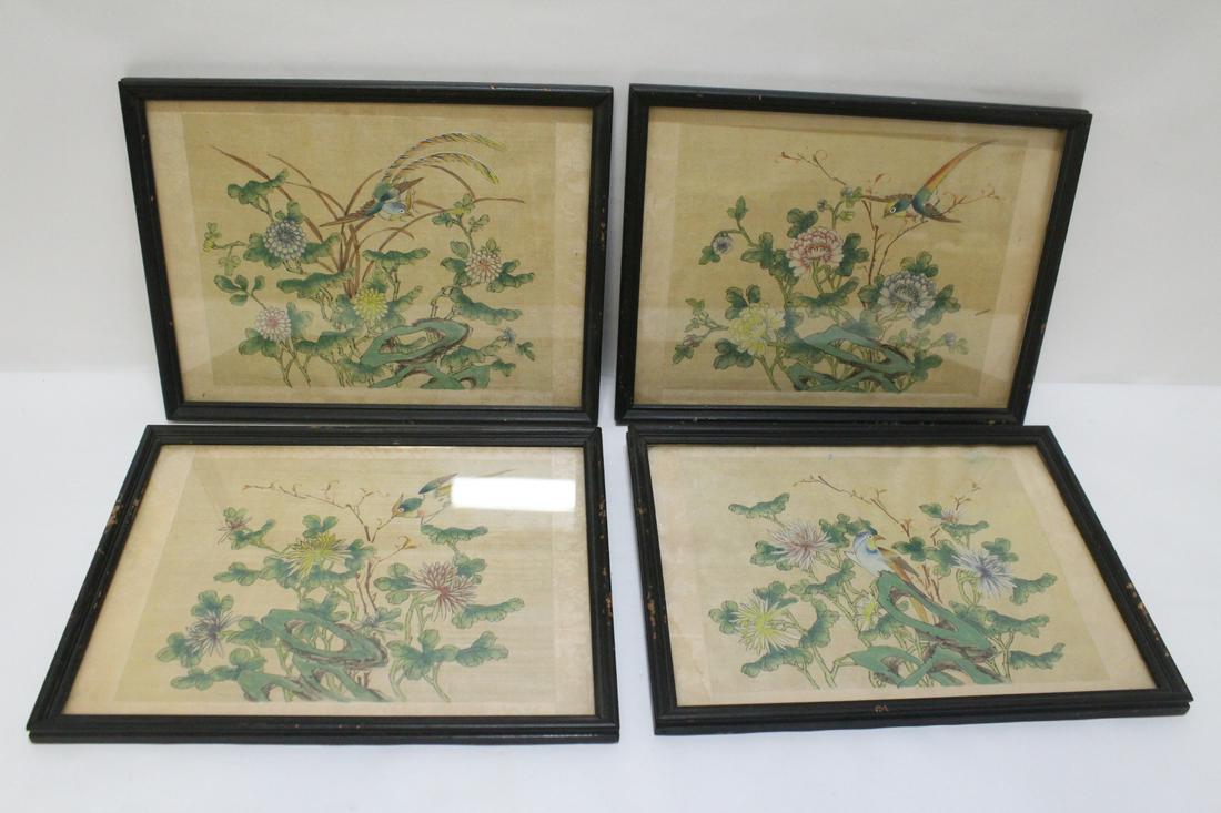 Set of 4 Chinese antique watercolor on silk: Set of 4 Chinese antique watercolor (7.75"x9.8" each) on silk, depicting birds and flowers, not signed