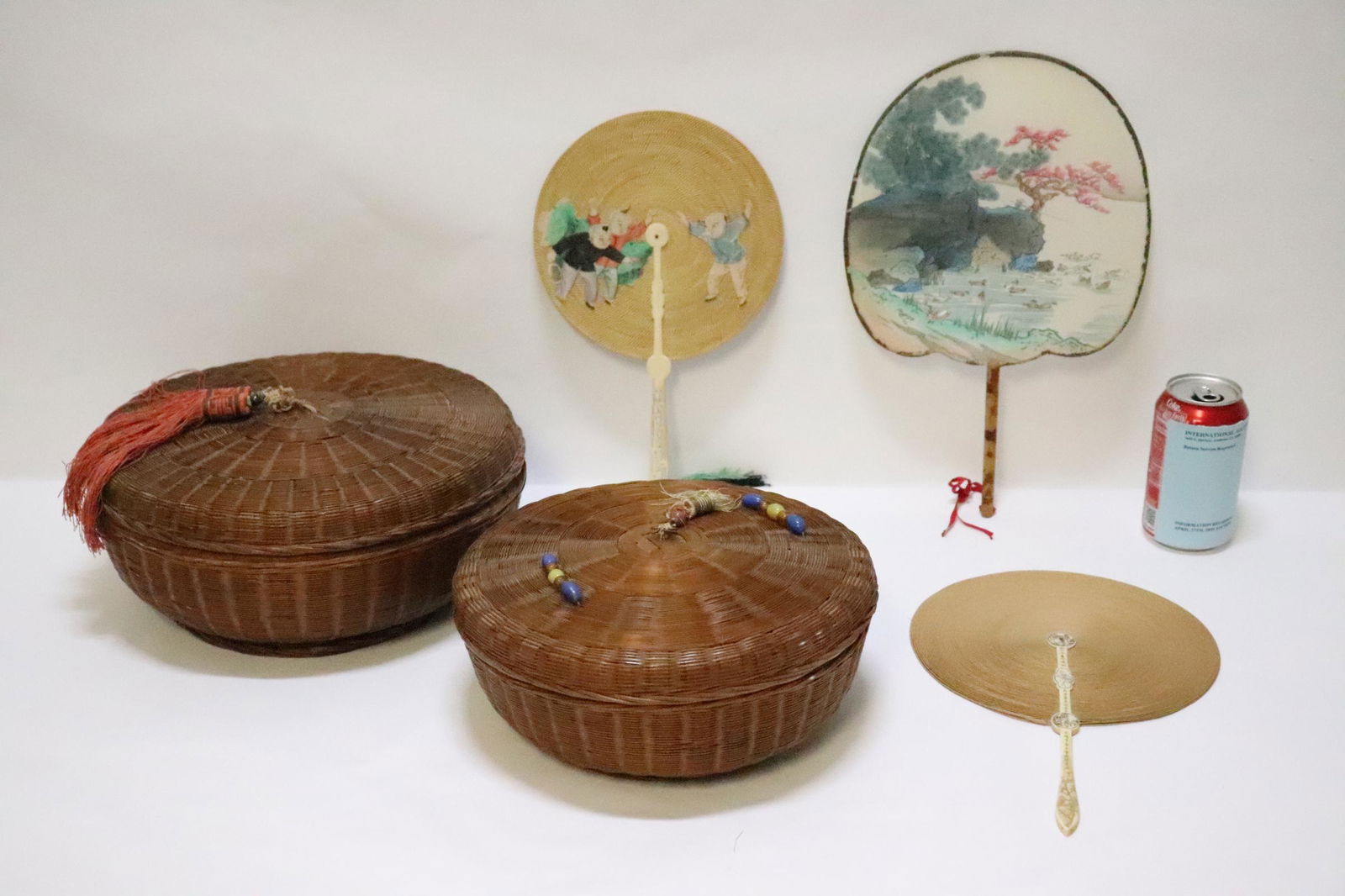 2 Chinese antique bamboo sewing baskets & 3 fans (1 of 10)