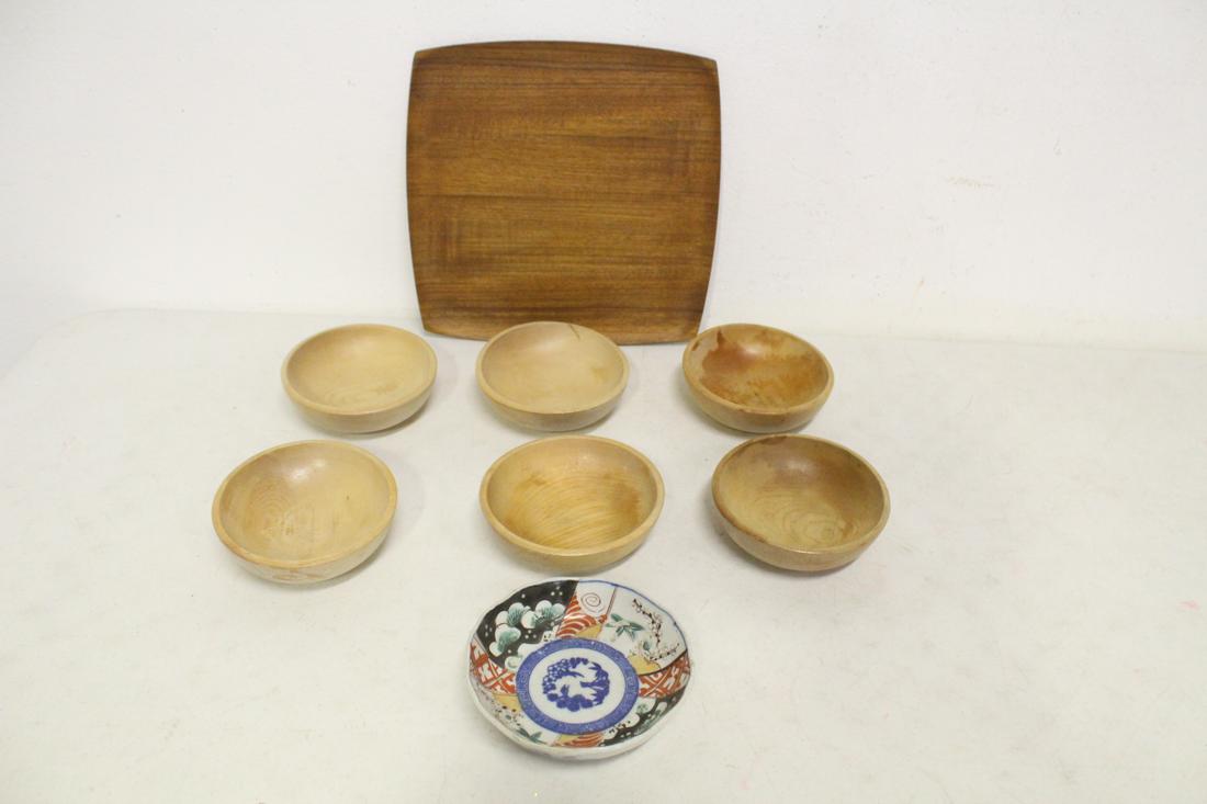 Antique Japanese imari bowl, wood bowl & plate: Antique Japanese imari bowl (1.85"Hx6.15"dia), Japanese wood carved bowl (~1.9"Hx5.95"dia each) and plate (0.45"Hx12.35"x12.35")