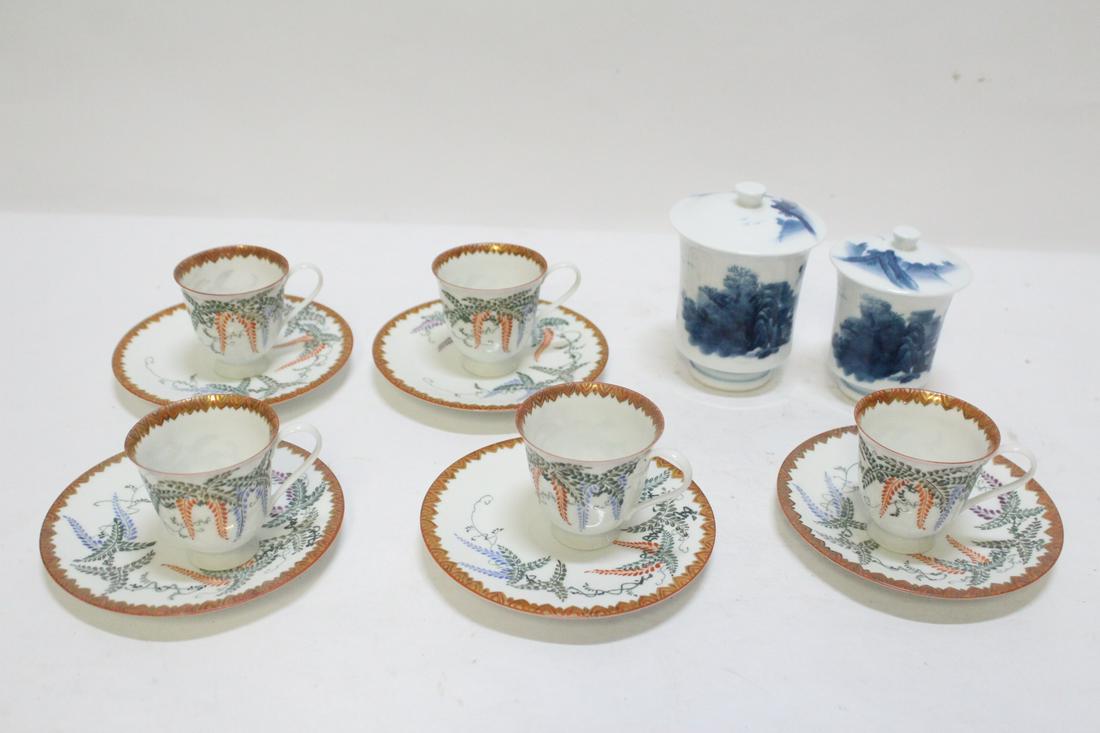 5 antique kutani cups & saucers, & 2 covered tea cups: 5 beautiful antique kutani cups and saucers, and 2 vintage blue and white covered tea cups