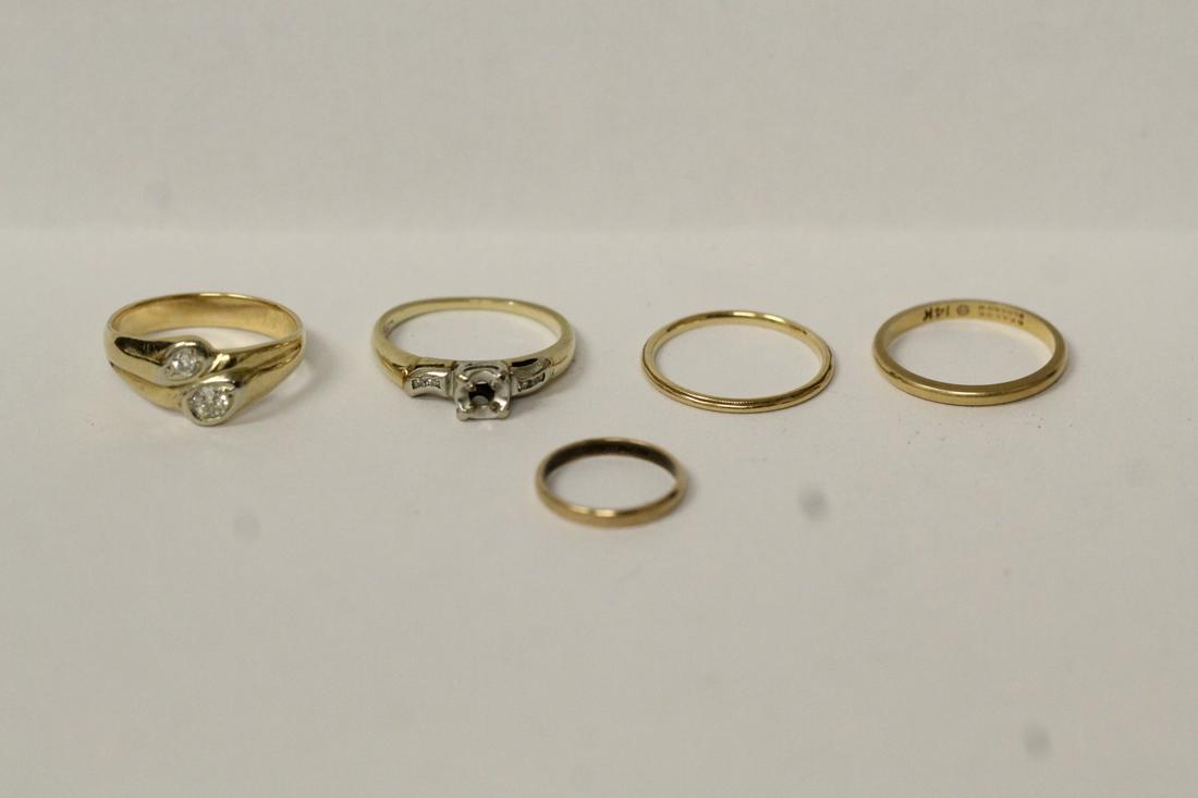 14K diamond ring, two 14K and two 10K rings: 14K Y/G ring set with 2 round diamonds, tdw approx. 0.20ct, size 6, and two 14K and two 10K rings, total wt. 7.9gm