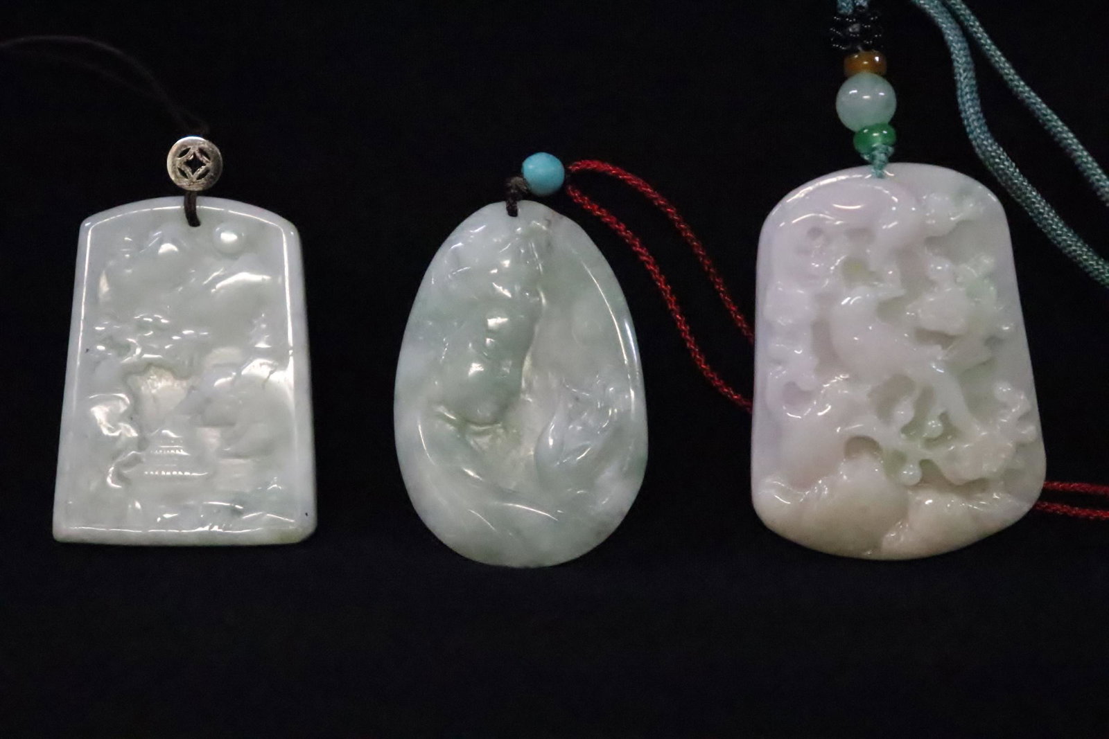3 fine jadeite carved ornaments: 3 fine jadeite carved ornaments, 2.05"x1.42"x0.2", 1.95"x1.45"x0.25", 2.18"x1.63"x0.38"