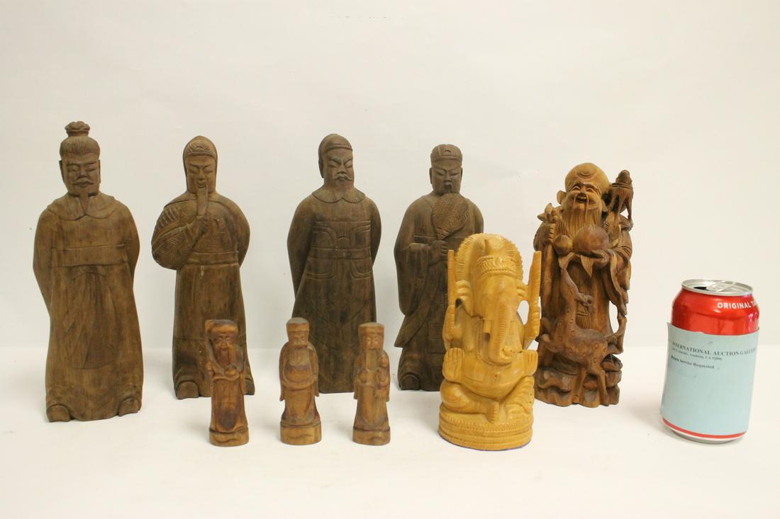 8 Chinese wood carvings, and a wood carved ganesha: 8 Chinese wood carved figures (3.75"H - 9.7"H), and a wood carved ganesha (6.3"H)