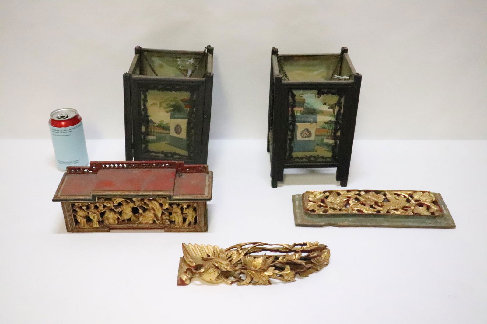 3 Chinese antique wood ornaments, & pr wood lantern: 3 Chinese antique carved gilt wood ornaments (3.75"x11.5", 9.7"x2.5", 4.25"x10.5"), and pair wood lantern (the silk panel torns, 9.4"Hx6.25"x6.25" each)