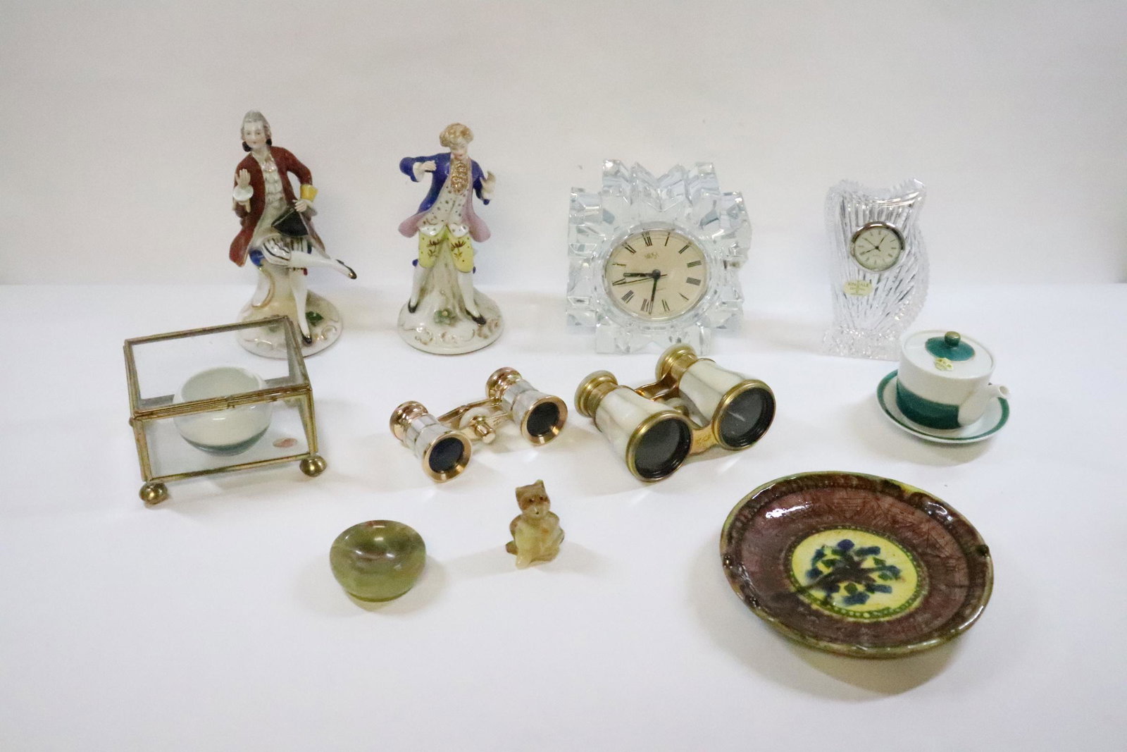 2 crystal clocks, 2 opera binocular, and misc. pieces: 2 crystal clocks (4.7"H, 4.95"H), 2 opera binocular, and misc. porcelain pieces