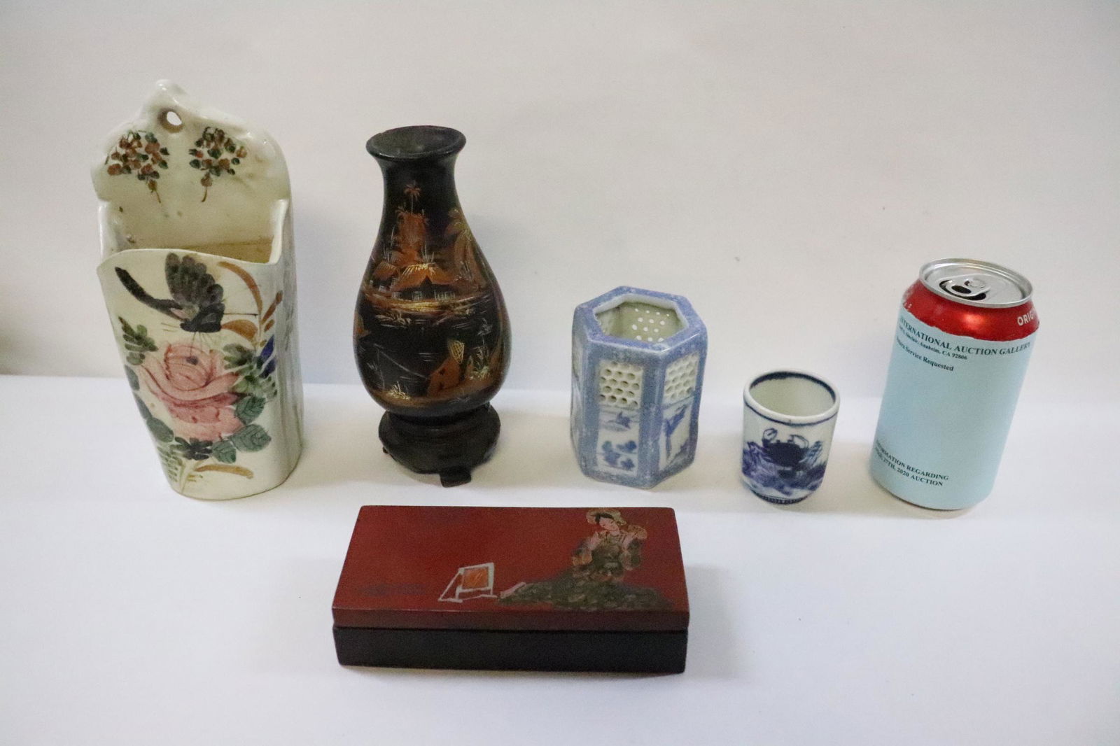Lot of misc.: Lot of misc.; including lacquer pieces, blue and white tea cup (2.4"Hx1.95"dia) & more