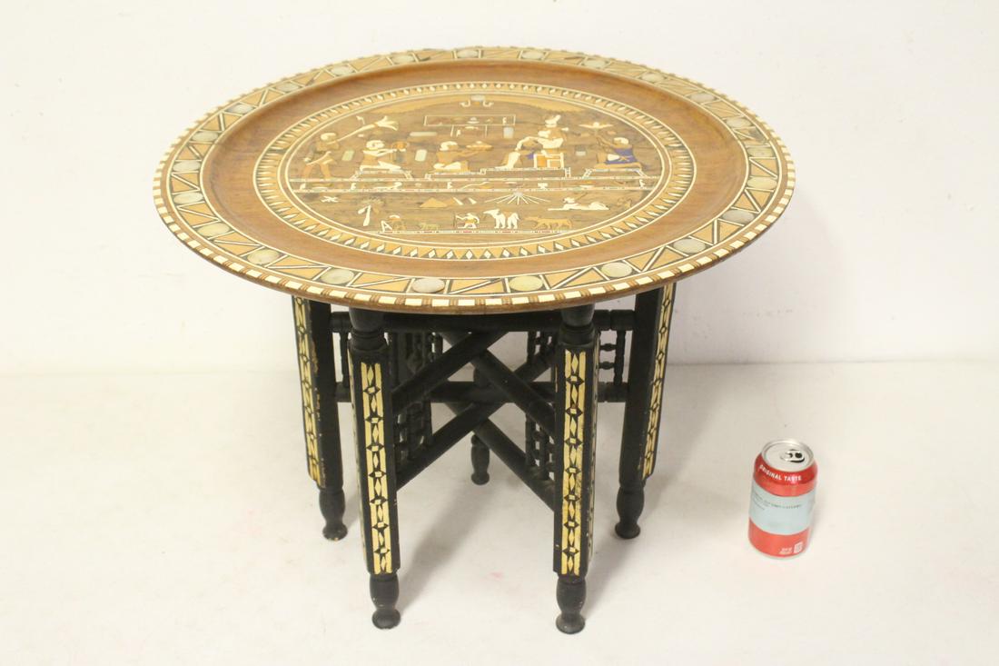vintage Egyptian inlaid wood tray with stand: A beautiful vintage Egyptian inlaid wood tray with stand, wood tray has repair, 18"Hx22.8"dia
