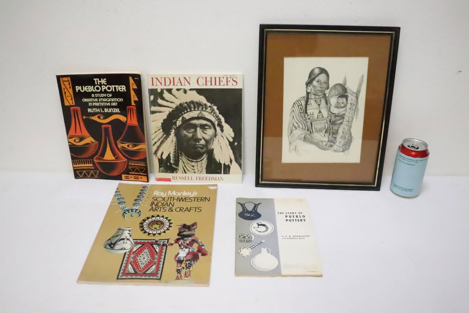 4 Indian artifact reference books, and an etching (1 of 9)