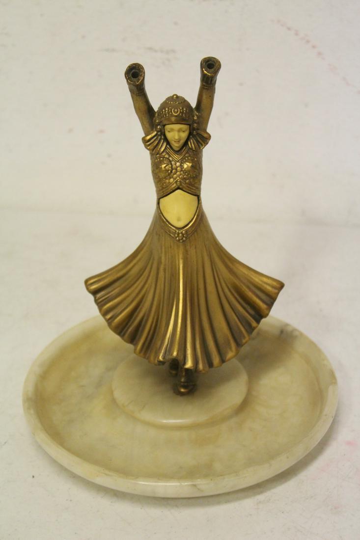 Art deco painted metal sculpture: Art deco painted metal sculpture of dancer on alabaster base (missing hand, 8.35"H)