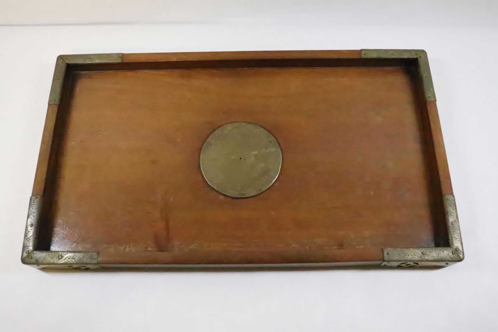 Chinese antique possible huanghuali wood tray: Chinese antique possible huanghuali wood tray with brass overlay, 1"Hx16.25"x9.25"