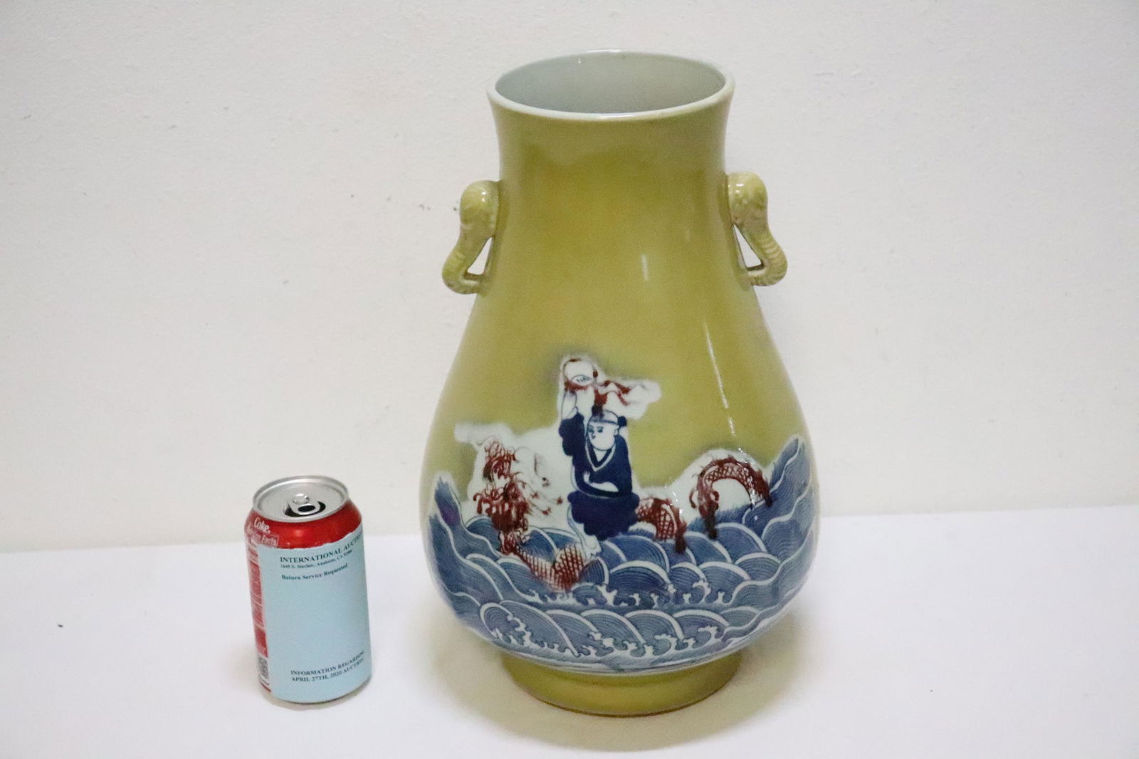 Chinese vintage yellow background jar: Chinese vintage yellow background jar with blue and white panel, painted with child riding on dragon, 14"Hx8.75"dia