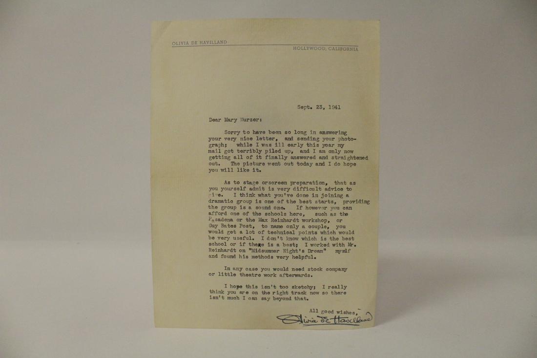A rare pencil signed letter by Olivia De Havilland (1 of 10)