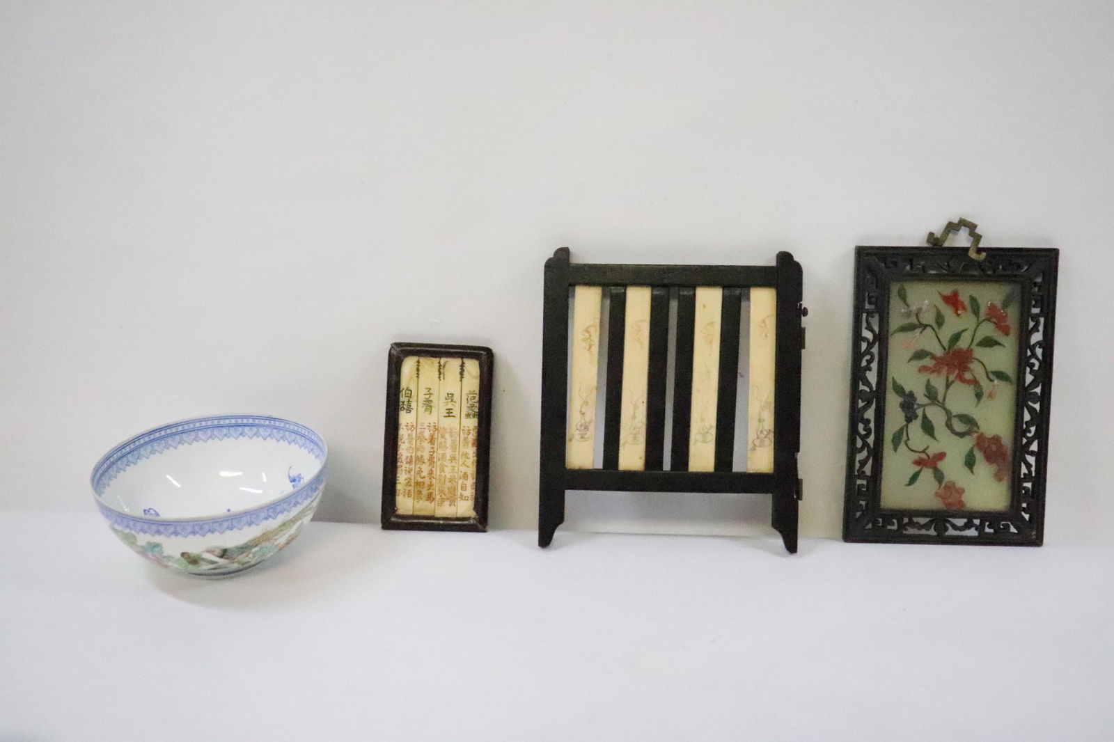 4 items: 2 bone plaque panels (3.9"x2.25"x0.37", 6"x5.15"x0.37"), an egg shell bowl (2.13"Hx4.5"dia), and a Chinese antique jade plaque with jade and agate overlay to depict birds and flowers (6"x4"x0.25")