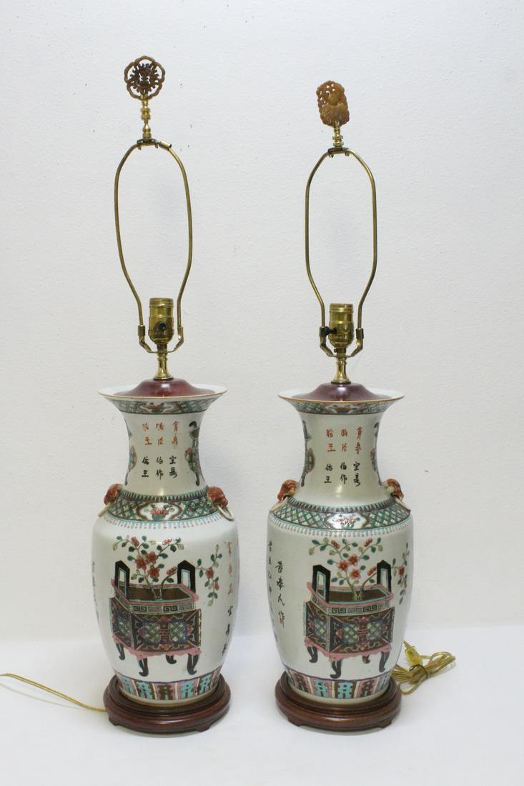 Pr Chinese vintage famille rose vases, made as lamps (1 of 11)