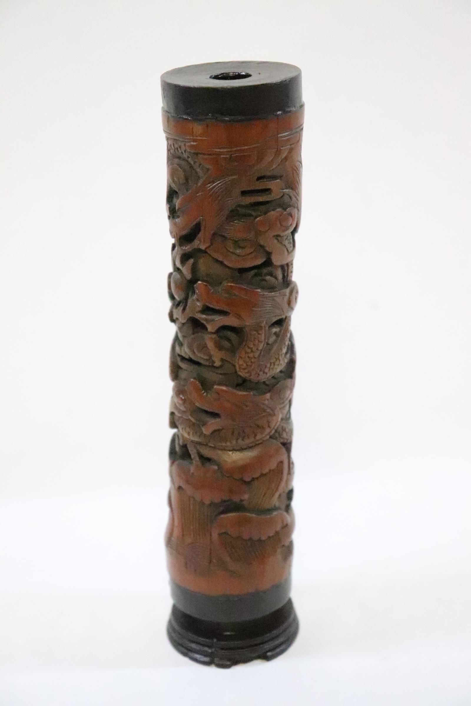 Chinese antique bamboo carved incense holder: Chinese antique bamboo carved incense holder, 8.95"Hx2.13"dia
