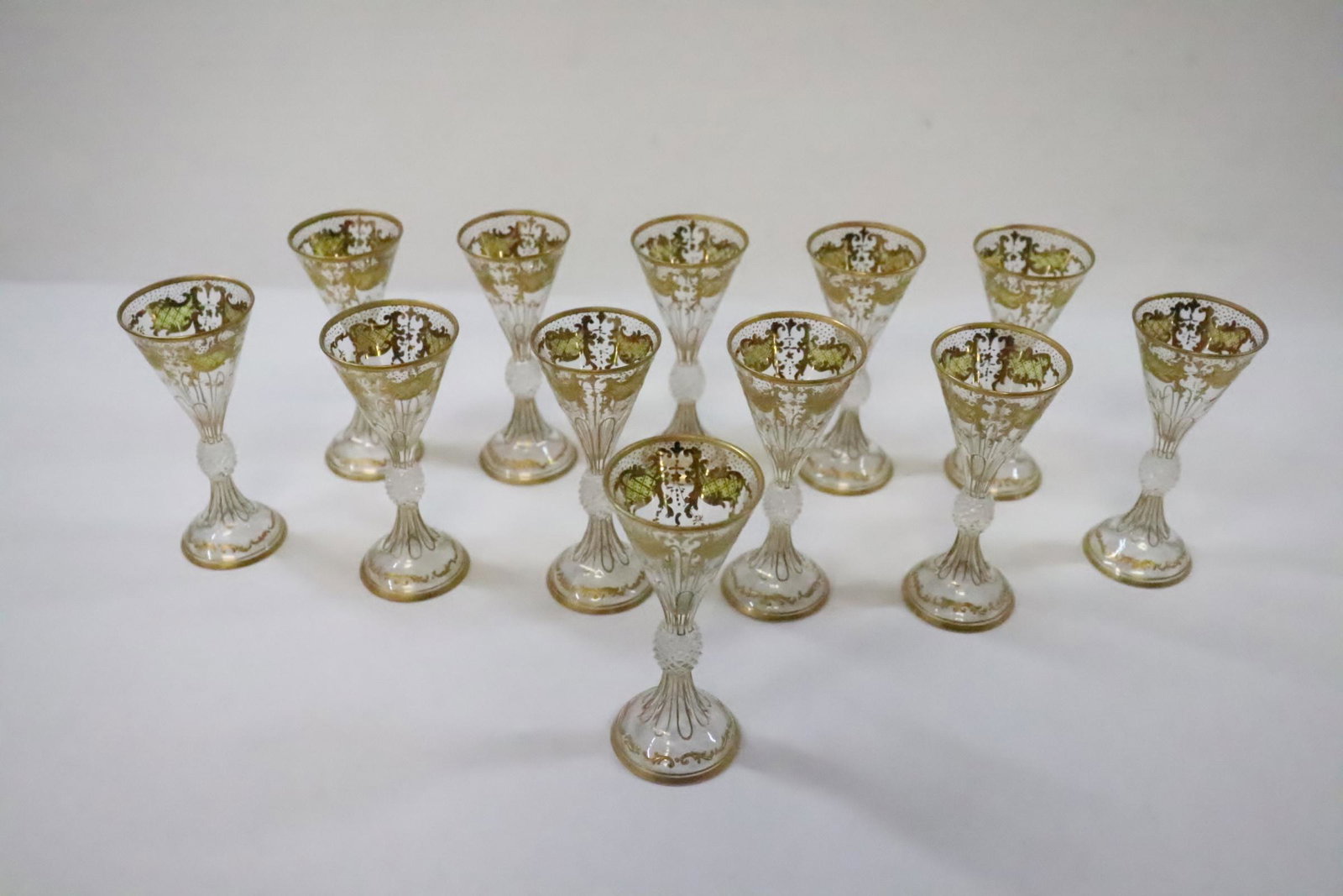 12 antique French gilt crystal wine goblets: 12 beautiful antique French gilt crystal wine goblets, 3.65"Hx1.6"dia each