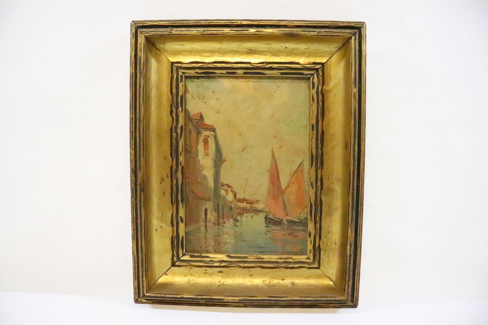 Oil on panel by Russian artist Boris B. Major: Oil on panel depicting seashore scene with house and sails by Russian artist Boris B. Major (1876-1951), 6.5"x4.5"