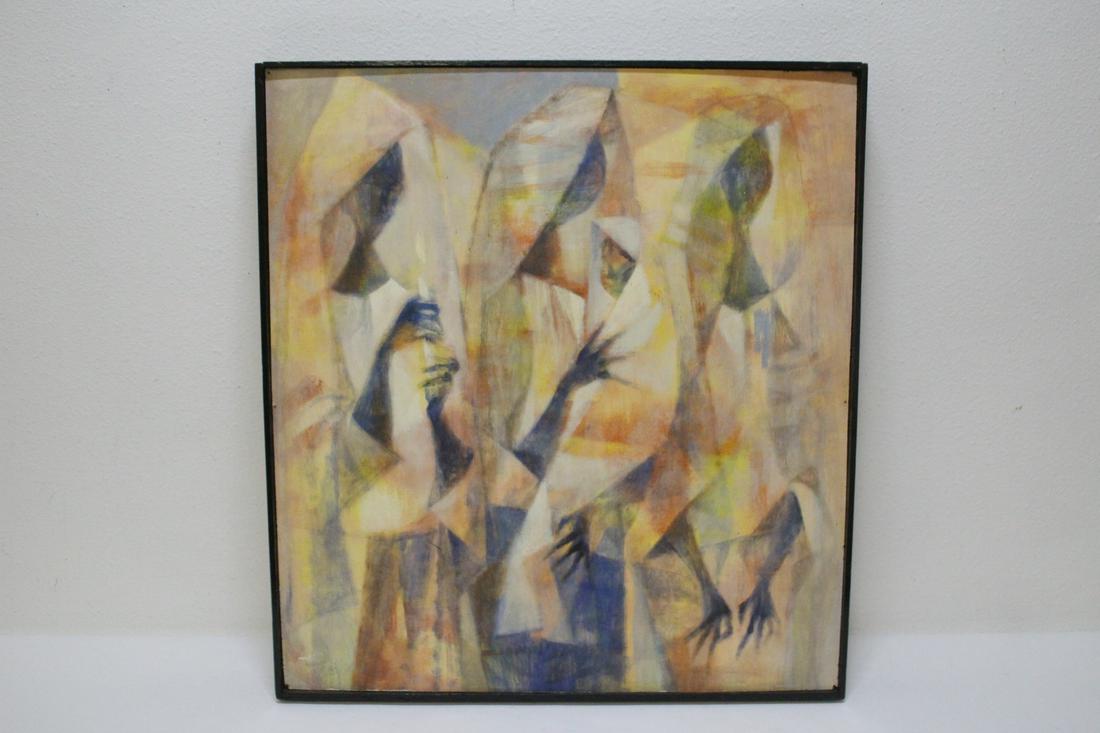 Acrylic on Masonite by Romeo Villalva Tabuena: Acrylic on Masonite "3 women" by American/ Mexico/ Philippines artist Romeo Villalva Tabuena, signed on lower left (faint), 23.5"x21.5"