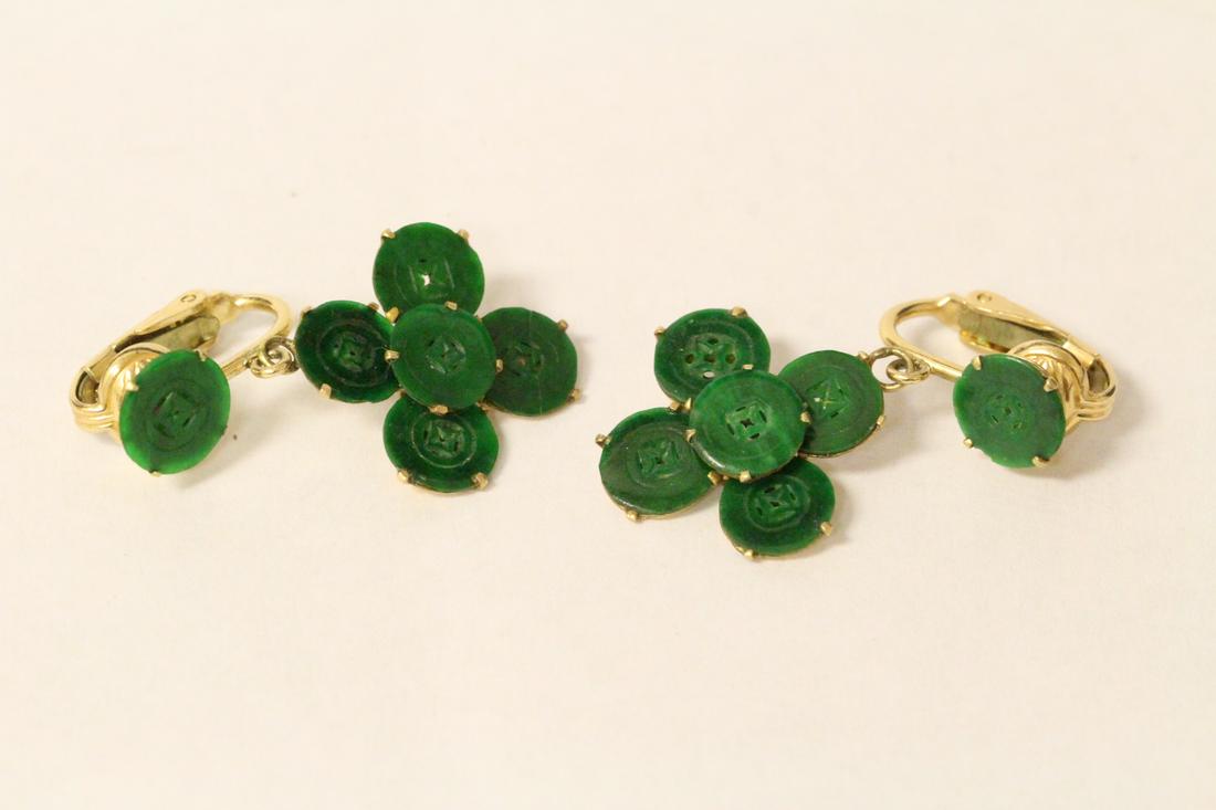 Pair Chinese 14K Y/G earrings w/ jadeite discs (1 of 9)