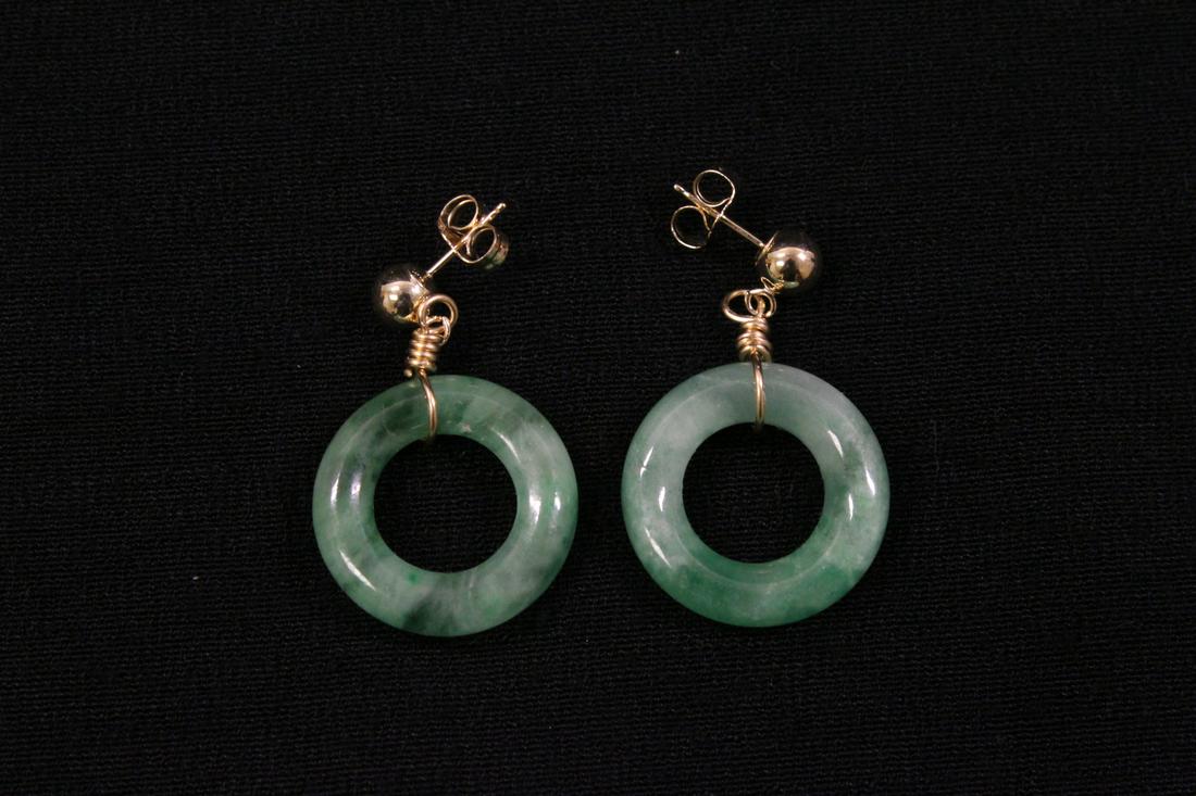 Pair 14K Y/G earrings w/ jadeite loop motif drop (1 of 10)