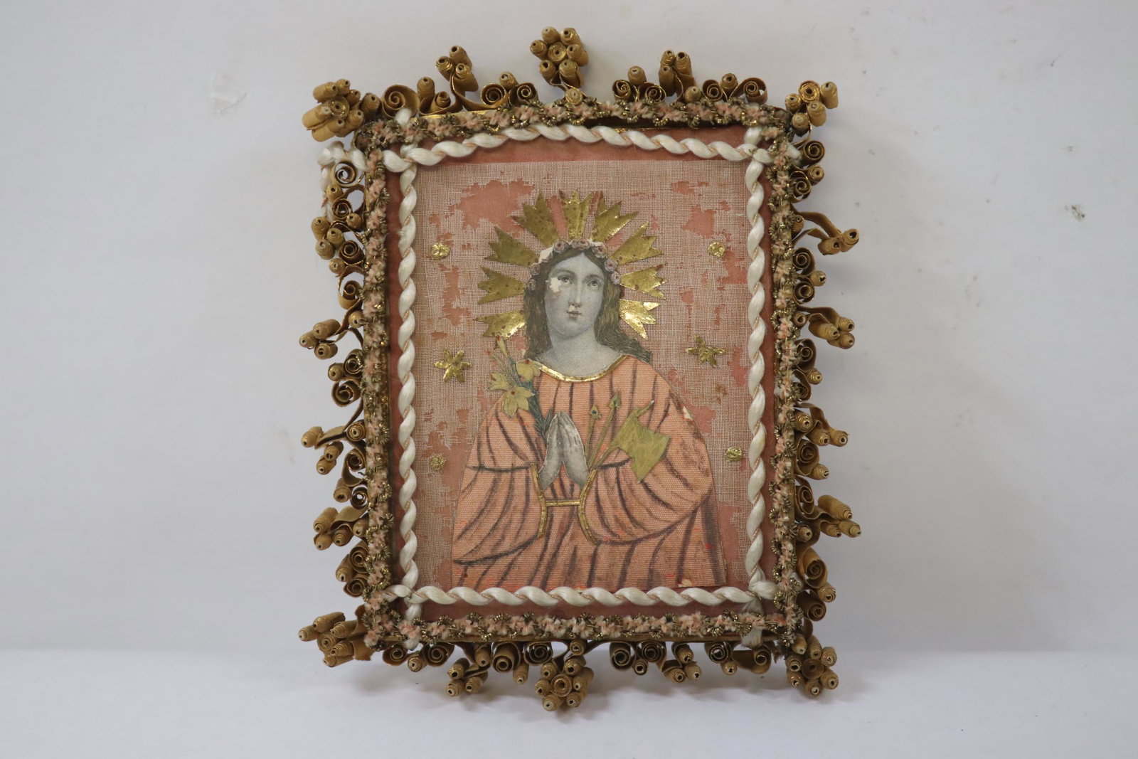 antique religious painting decorated with gold foils: A small antique religious painting (3.5"x2.9") decorated with gold foils, small chip on painting