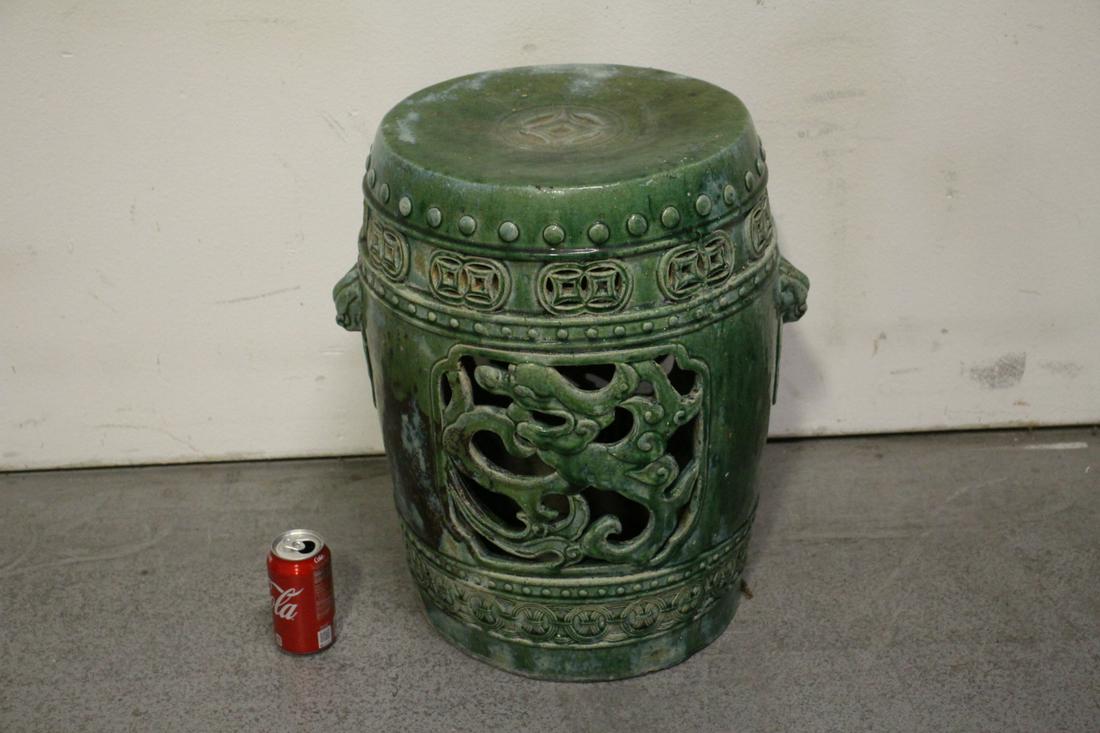 Chinese vintage green glazed pottery garden stool: Chinese vintage green glazed pottery garden stool, 21.5"Hx18.5"x16"