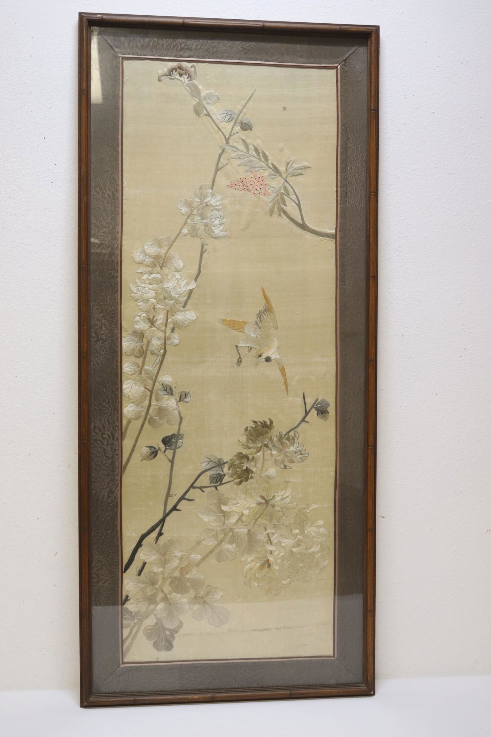 Chinese antique framed embroidery panel: Chinese antique framed embroidery panel (38.5"x13.65")