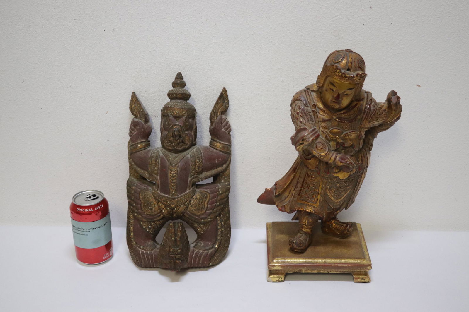 Chinese antique gilt wood deity & a wood carved deity: Chinese antique gilt wood deity (13.3"H) and a South Asia wood carved deity (13.3"H)