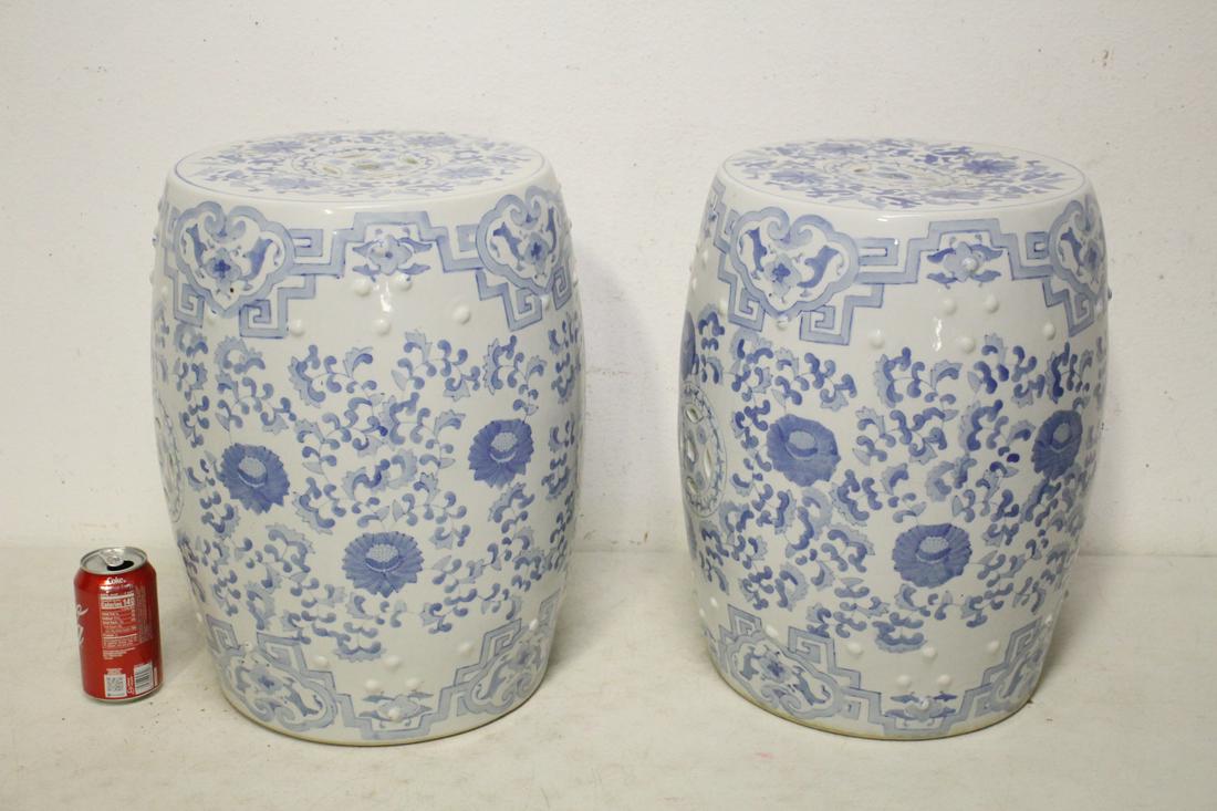 Pair Chinese vintage porcelain garden stools: Pair Chinese vintage blue and white porcelain garden stools, 17.88"Hx13.3"dia each