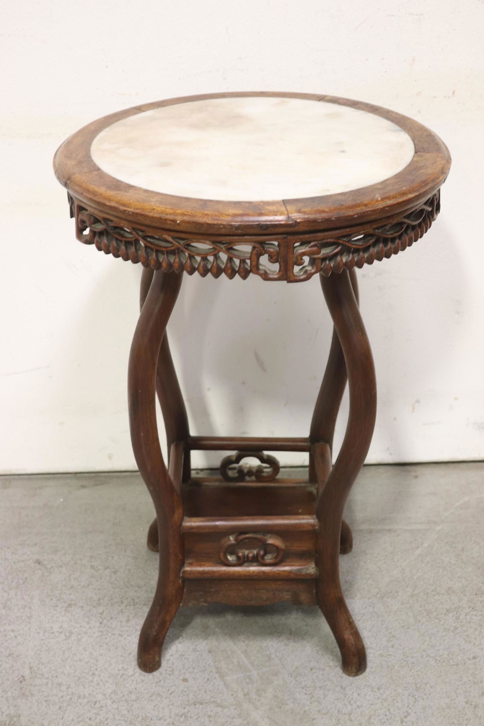 Chinese antique marble top rosewood round table: Chinese antique marble top rosewood round table, 31"Hx21.75"dia