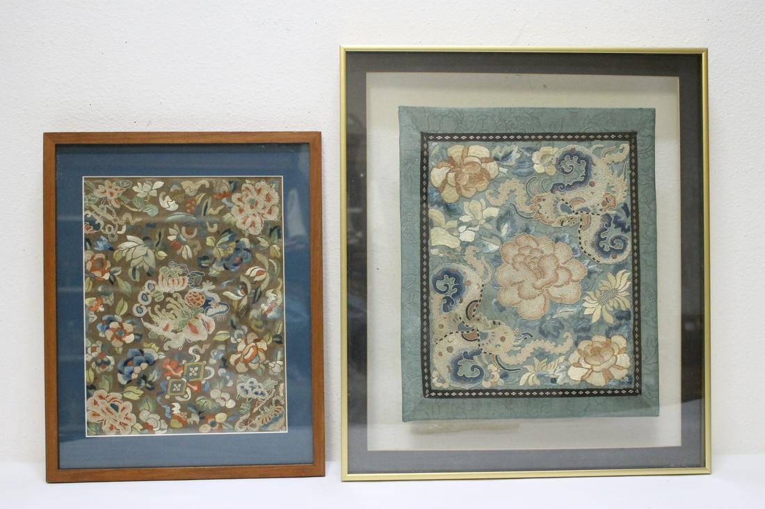 Pair Chinese antique framed embroidery panels: Pair Chinese antique framed embroidery panels (11"x9", 11"x8.25")