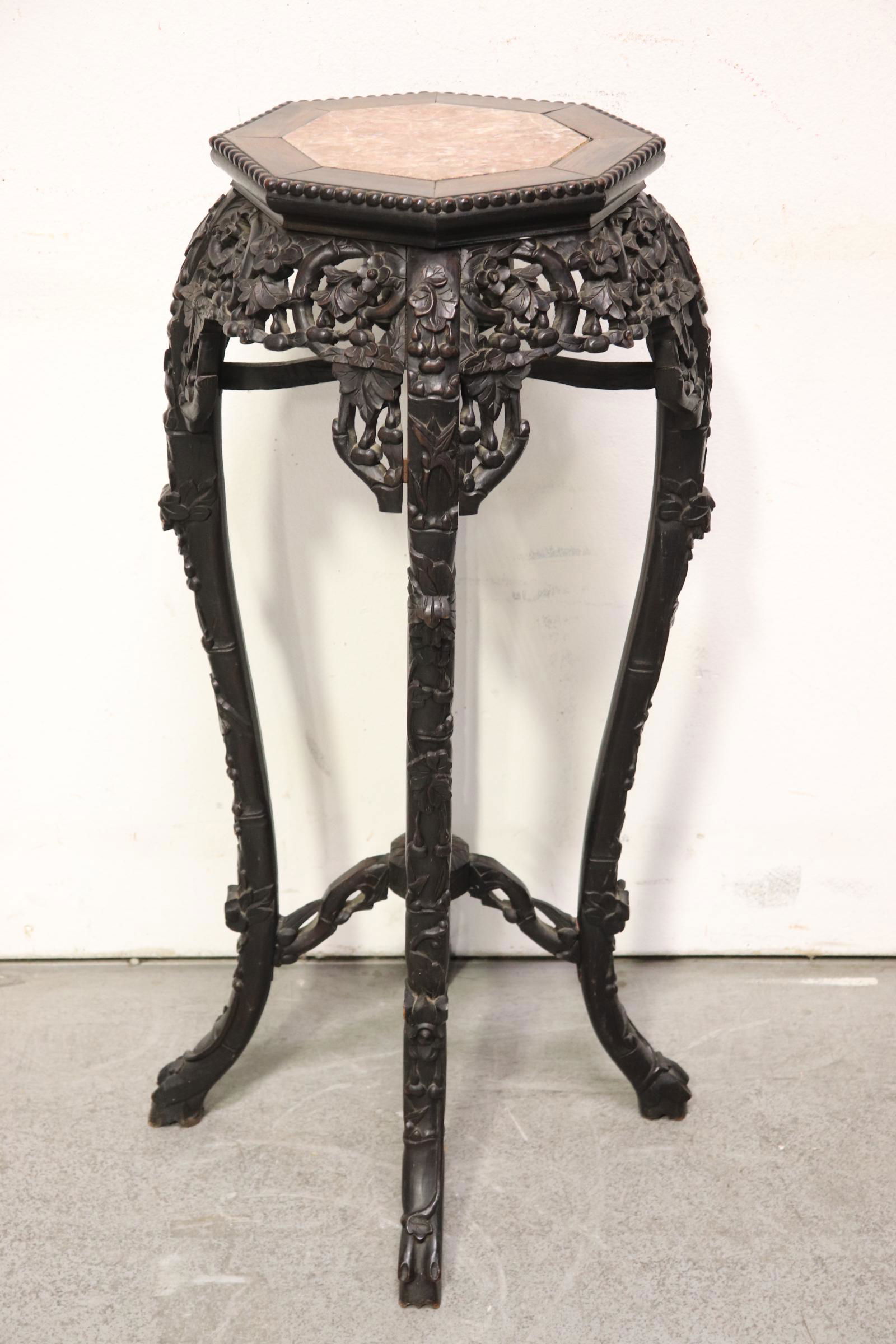 Chinese antique marble top rosewood pedestal stand: Chinese antique marble top rosewood pedestal stand, 35.75"Hx17.25"dia