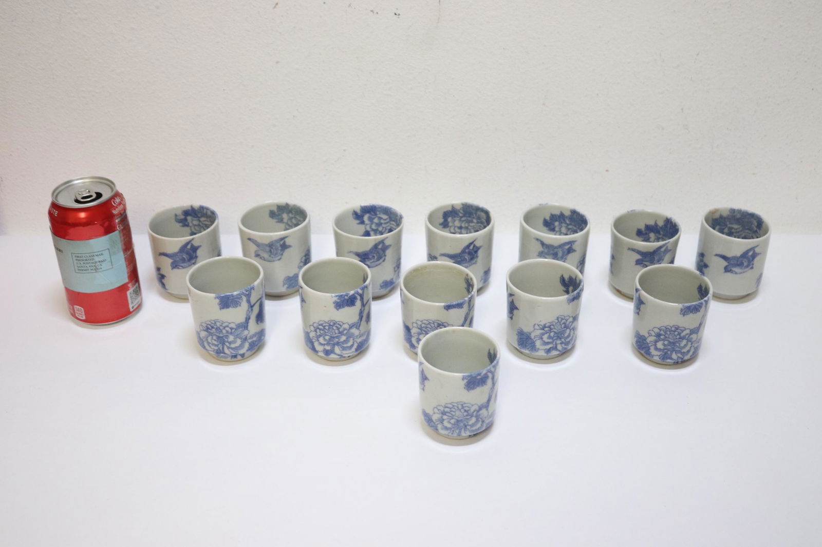 13 blue and white tea cups: 13 blue and white tea cups, 2.6"Hx2.5"dia each