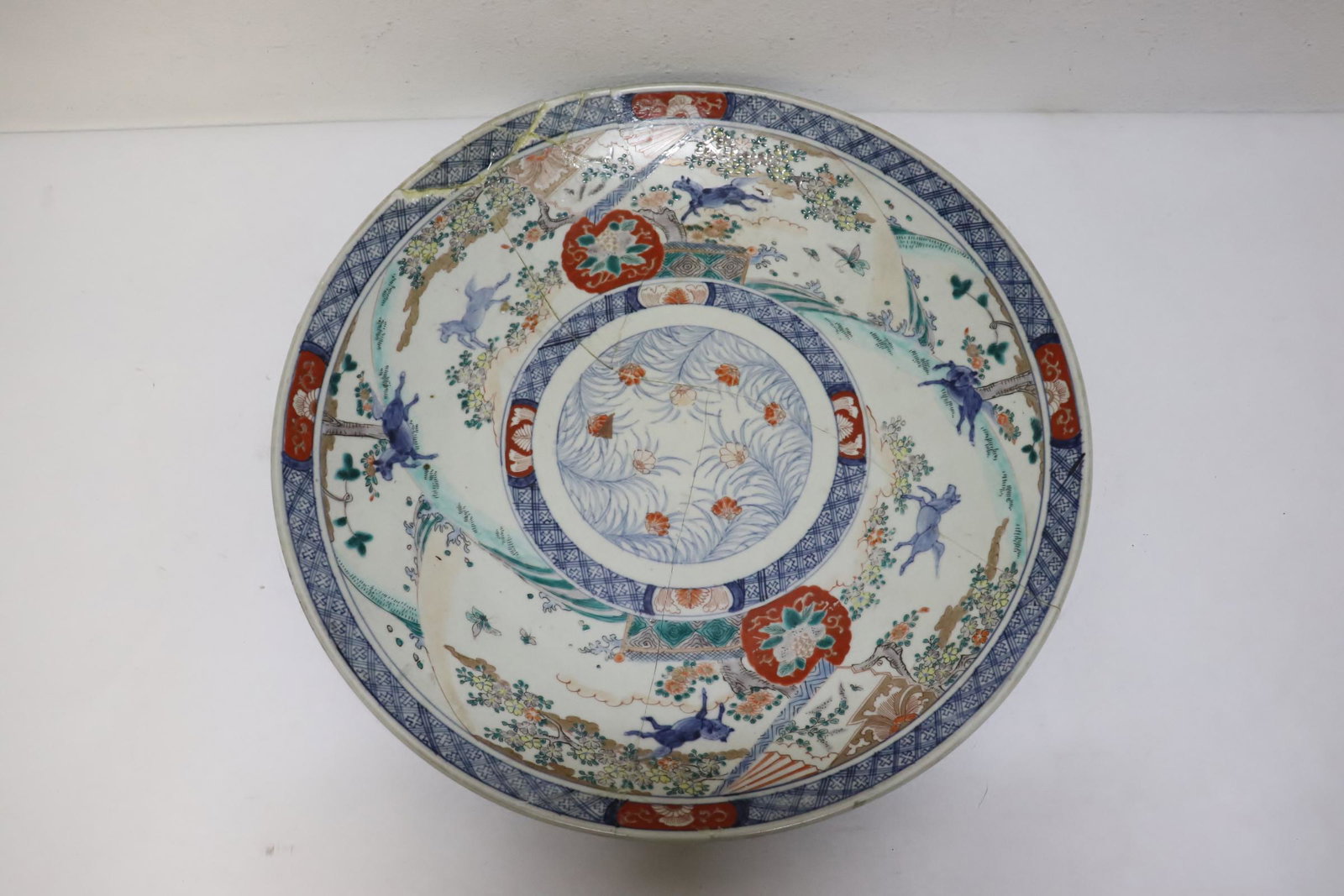 Antique imari charger, repair: Antique imari charger, repair, 2.3"Hx18.35"dia