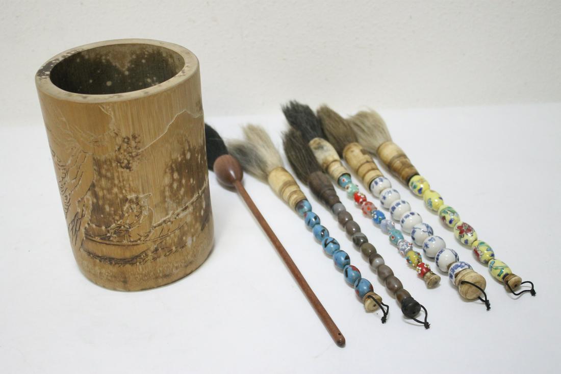 Chinese bamboo brush holder w/ 6 brushes (1 of 10)