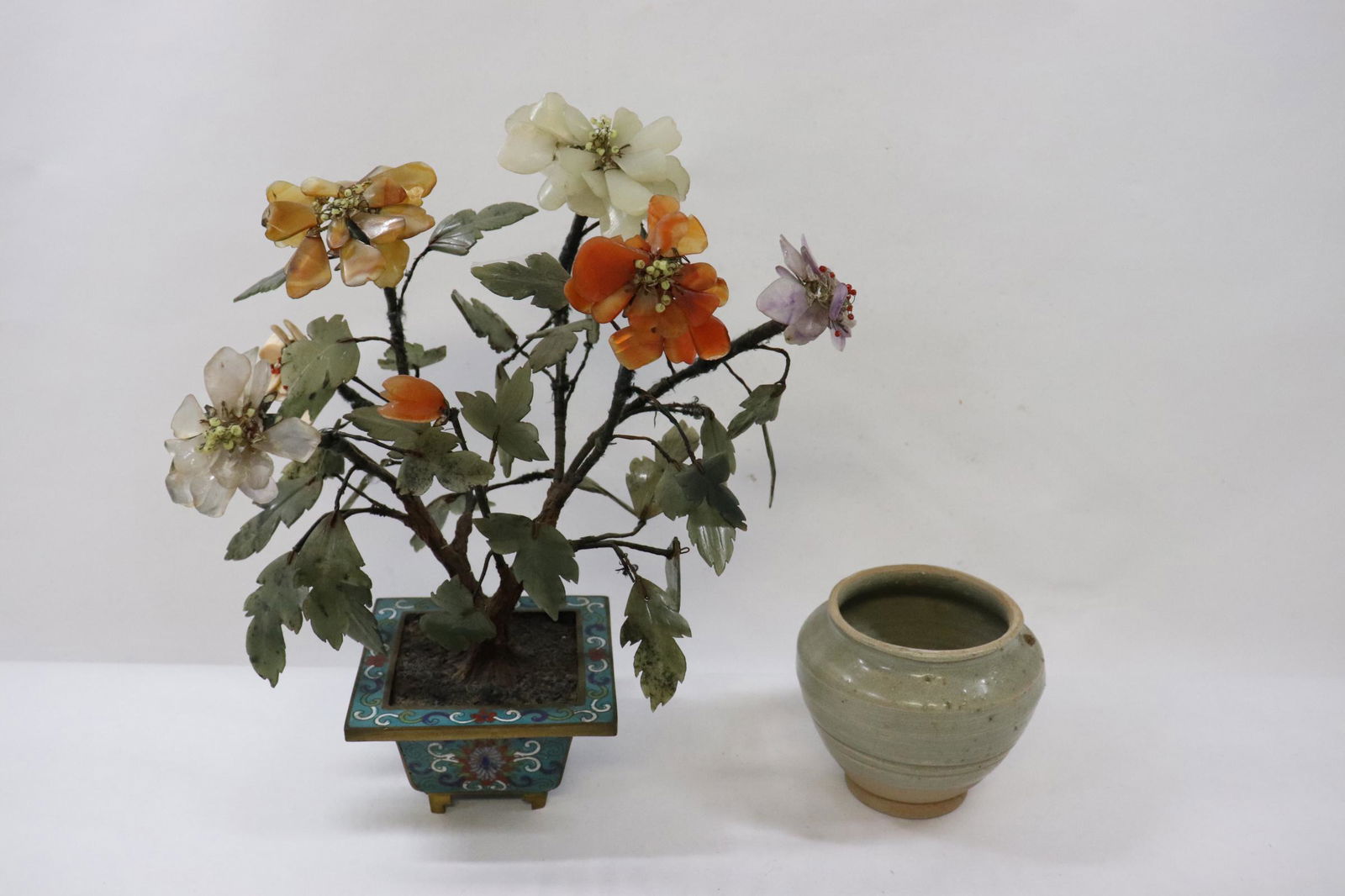 A jade tree w/ cloisonne base, & a vintage small jar (1 of 11)