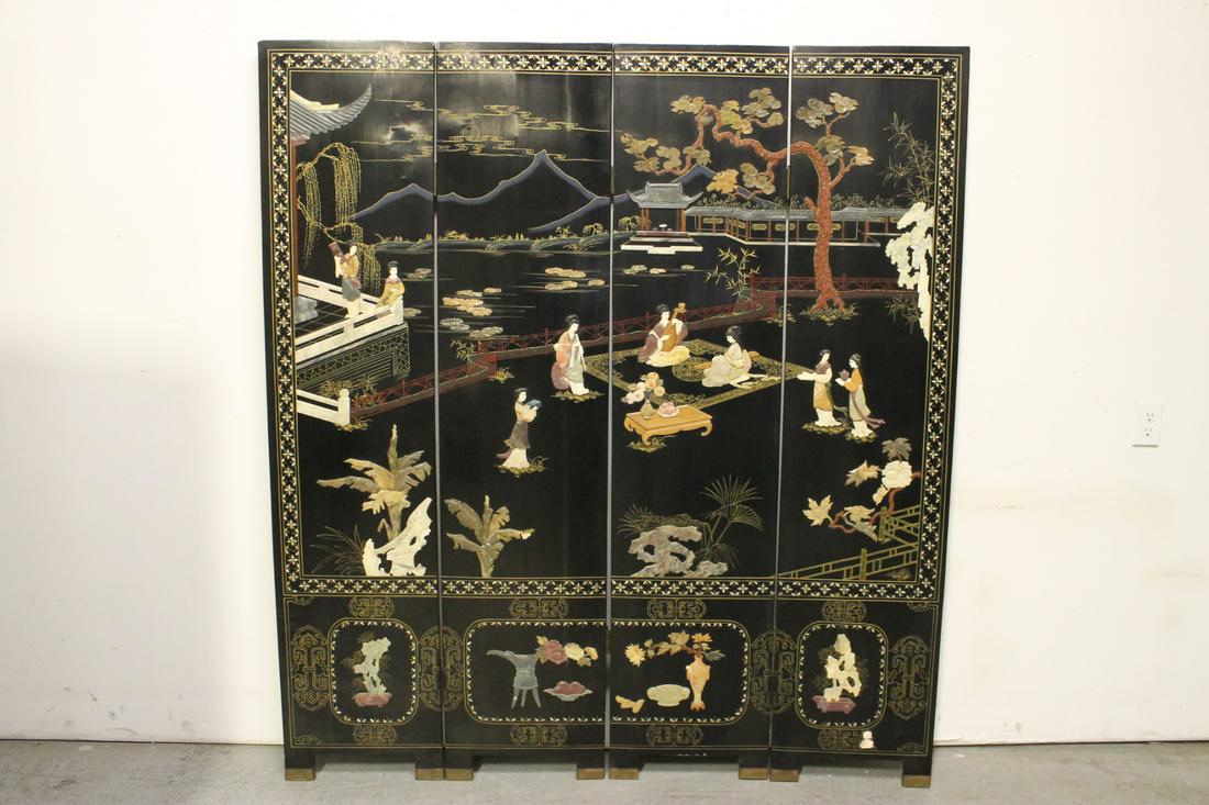 Chinese 4-panel room divider overlay with stone (1 of 10)